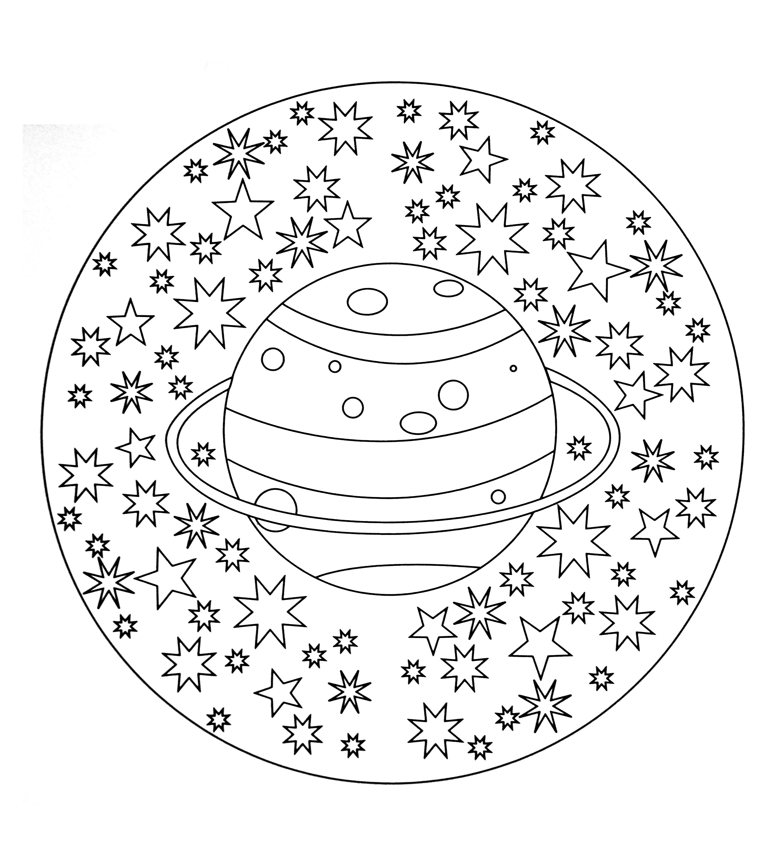 Superbe mandala représentant la planète 'saturne' avec un joli ciel étoilé. Très simple à colorier.